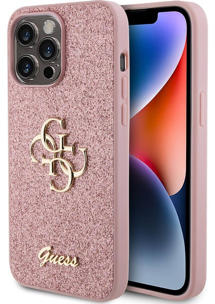 iPhone 14 Pro Max Uyumlu Kılıf Guess Orjinal Lisanslı 4g Büyük Metal Logolu Glitter Kapak Pembe