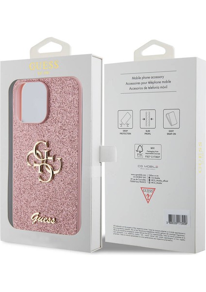 iPhone 14 Pro Max Uyumlu Kılıf Guess Orjinal Lisanslı 4g Büyük Metal Logolu Glitter Kapak Pembe