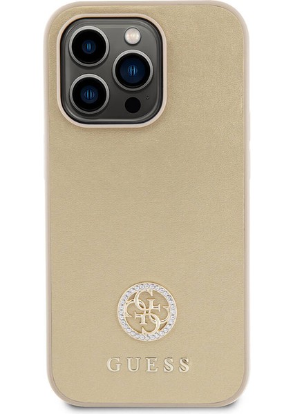 iPhone 14 Pro Max Uyumlu Kılıf Guess Orjinal Lisanslı Deri 4g Metal Logo Strass Kapak Gold