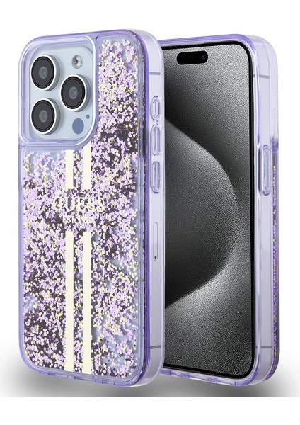 iPhone 15 Pro Uyumlu Kılıf Guess Orjinal Lisanslı Transparan Sıvılı Simli Altın Çizgili Kapak Mor