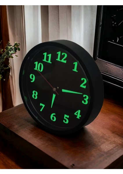 Fosforlu Gece Görünen Parlayan Ofis Salon Duvar Saati Çap 22 cm Siyah