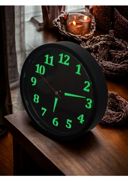 Fosforlu Gece Görünen Parlayan Ofis Salon Duvar Saati Çap 22 cm Siyah indirimleri