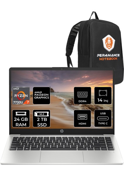 Hp 245 G10 Amd Ryzen 7 7730U 24GB 2tb SSD 14'' Hd Fdos Taşınabilir Bilgisayar 8A552EA & Per4 Çanta 8A552EAP324