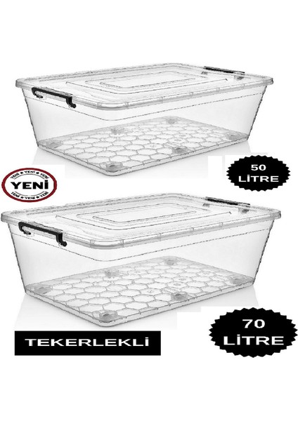 Tekerlekli Saklama Kabı 2 Li Set 50 Lt ve 70 Lt Büyük Boy Tekerlekli Saklama Kutusu Depolama Oyuncak