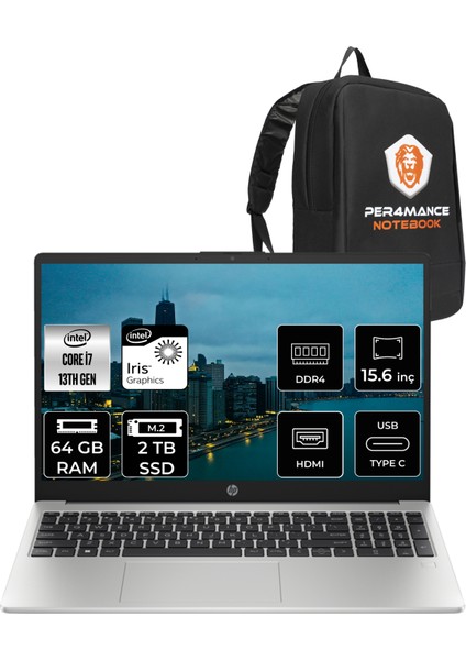 250 G10 Intel Core I7 1355U 64GB 2tb SSD 15.6'' Fhd Fdos Taşınabilir Bilgisayar 8A541EA & Per4 Çanta 8A541EAP349