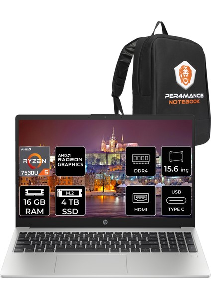 255 G10 Amd Ryzen 5 7530U 16GB 4tb SSD 15.6'' Fhd Fdos Taşınabilir Bilgisayar 8A547EA & Per4 Çanta 8A547EAP315