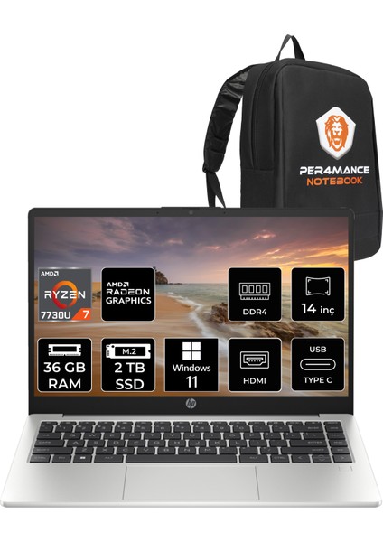 Hp 245 G10 Amd Ryzen 7 7730U 36GB 2tb SSD 14'' Hd W11P Taşınabilir Bilgisayar 8A552EA & Per4 Çanta 8A552EAP434