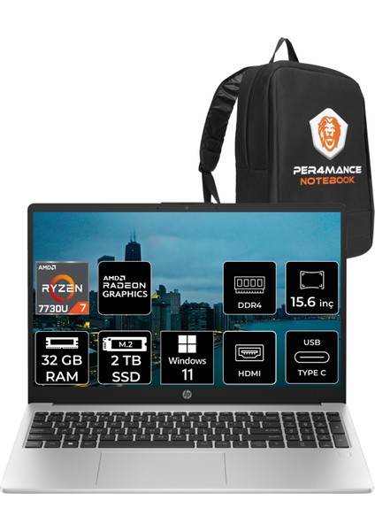 Hp 255 G10 Amd Ryzen 7 7730U 32GB 2tb SSD 15.6'' Fhd W11H Taşınabilir Bilgisayar 8A548EA & Per4 Çanta 8A548EAP379