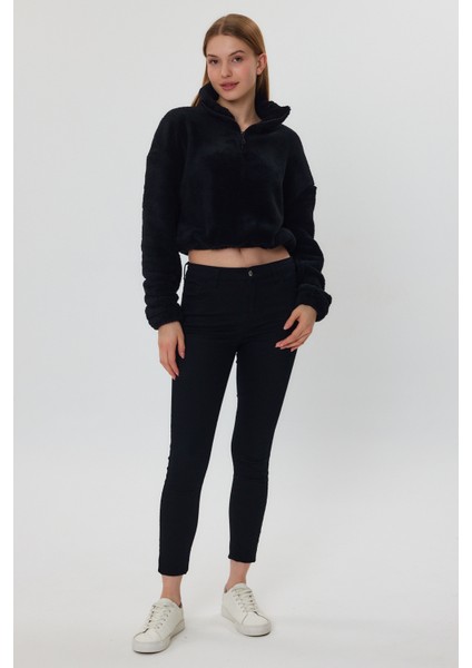 Siyah Crop Sweatshirt, Peluş Sweatshirt, Kadın Sweatshirt, Fermuarlı Yaka Sweatshirt