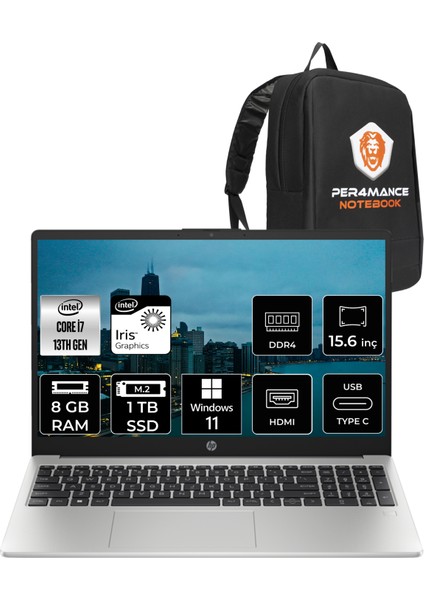 250 G10 Intel Core I7 1355U 8gb 1tb SSD 15.6'' Fhd W11P Taşınabilir Bilgisayar 8A541EA & Per4 Çanta 8A541EAP403