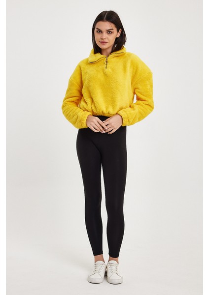 Sarı Crop Sweatshirt, Peluş Sweatshirt, Kadın Sweatshirt, Fermuarlı Yaka Sweatshirt