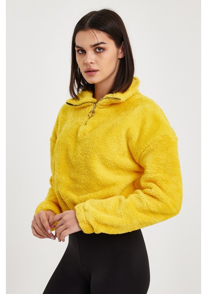 Sarı Crop Sweatshirt, Peluş Sweatshirt, Kadın Sweatshirt, Fermuarlı Yaka Sweatshirt fiyatları