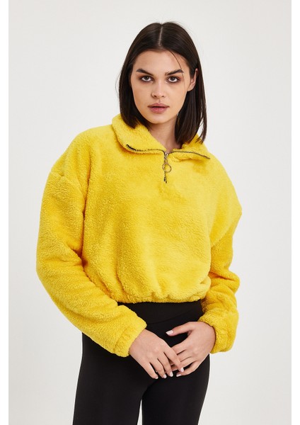 Sarı Crop Sweatshirt, Peluş Sweatshirt, Kadın Sweatshirt, Fermuarlı Yaka Sweatshirt modelleri