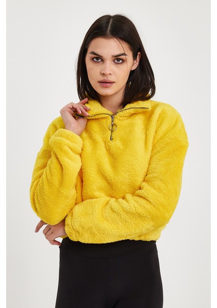 Sarı Crop Sweatshirt, Peluş Sweatshirt, Kadın Sweatshirt, Fermuarlı Yaka Sweatshirt fırsatları