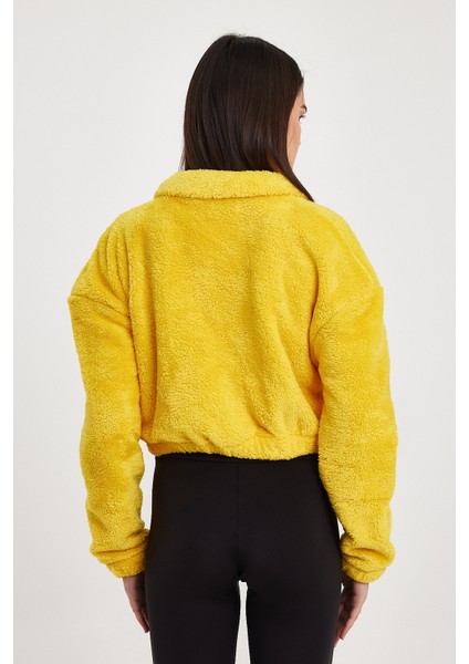 Sarı Crop Sweatshirt, Peluş Sweatshirt, Kadın Sweatshirt, Fermuarlı Yaka Sweatshirt indirimleri