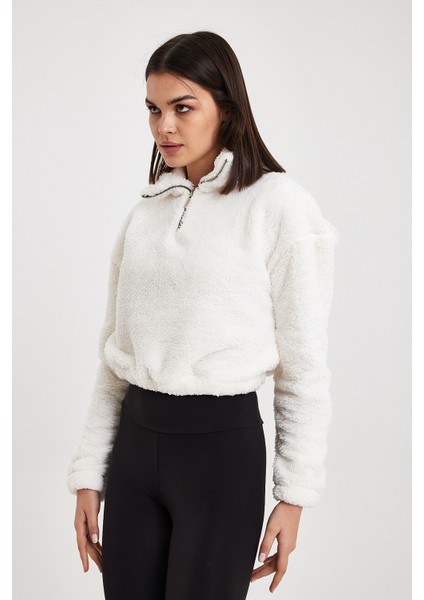 Beyaz Crop Sweatshirt, Peluş Sweatshirt, Kadın Sweatshirt, Fermuarlı Yaka Sweatshirt