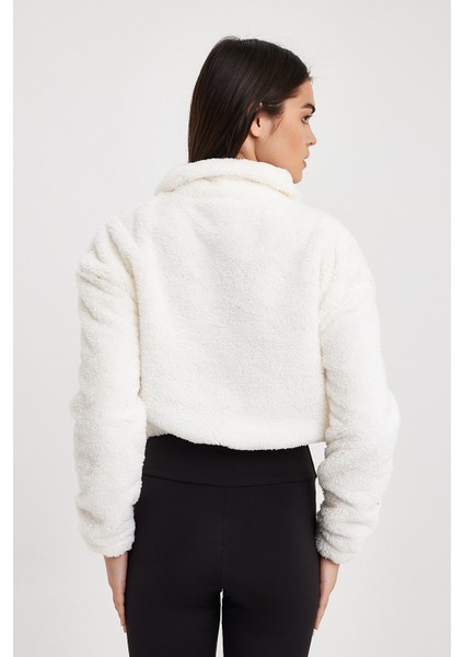 Beyaz Crop Sweatshirt, Peluş Sweatshirt, Kadın Sweatshirt, Fermuarlı Yaka Sweatshirt