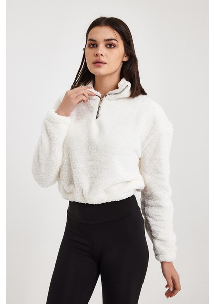 Beyaz Crop Sweatshirt, Peluş Sweatshirt, Kadın Sweatshirt, Fermuarlı Yaka Sweatshirt