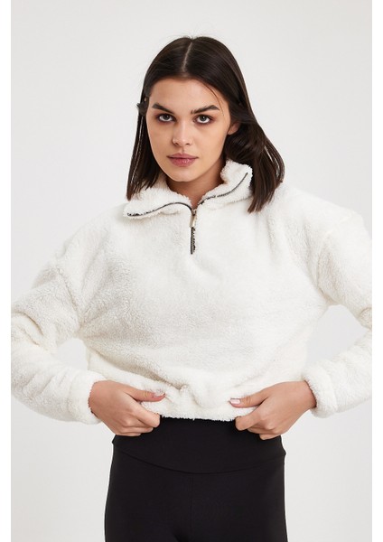 Beyaz Crop Sweatshirt, Peluş Sweatshirt, Kadın Sweatshirt, Fermuarlı Yaka Sweatshirt