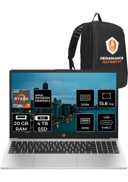 Hp 255 G10 Amd Ryzen 7 7730U 20GB 4tb SSD 15.6'' Fhd Fdos Taşınabilir Bilgisayar 8A548EA & Per4 Çanta 8A548EAP320