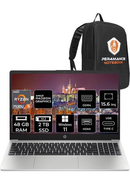 255 G10 Amd Ryzen 5 7530U 48GB 2tb SSD 15.6'' Fhd W11H Taşınabilir Bilgisayar 8A547EA & Per4 Çanta 8A547EAP394