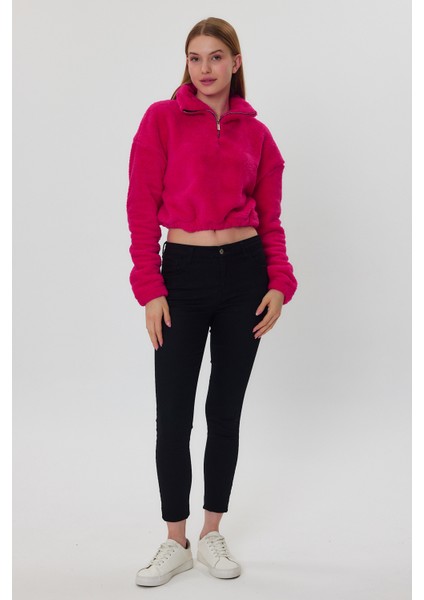 Fuşya Crop Sweatshirt, Peluş Sweatshirt, Kadın Sweatshirt, Fermuarlı Yaka Sweatshirt