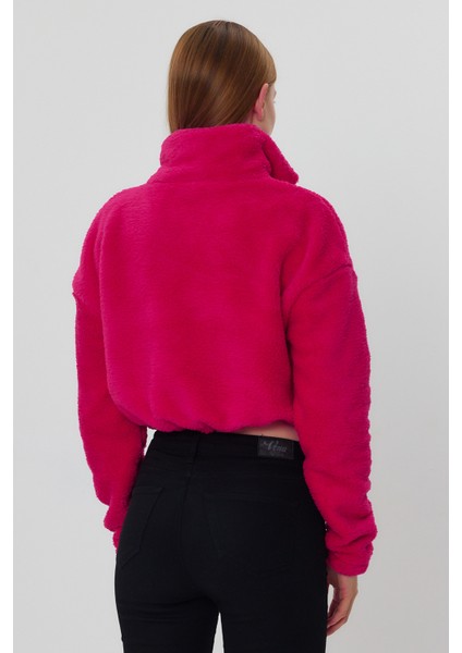Fuşya Crop Sweatshirt, Peluş Sweatshirt, Kadın Sweatshirt, Fermuarlı Yaka Sweatshirt fiyatları