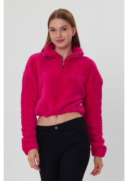 Fuşya Crop Sweatshirt, Peluş Sweatshirt, Kadın Sweatshirt, Fermuarlı Yaka Sweatshirt modelleri