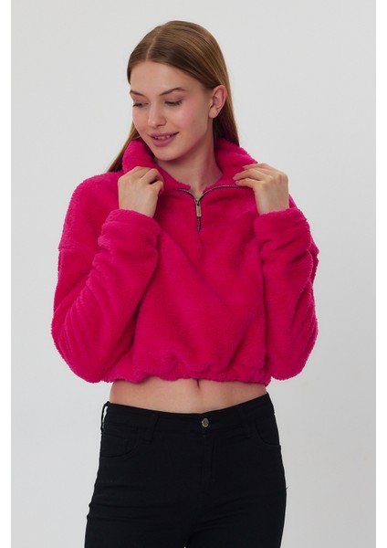 Fuşya Crop Sweatshirt, Peluş Sweatshirt, Kadın Sweatshirt, Fermuarlı Yaka Sweatshirt fırsatları