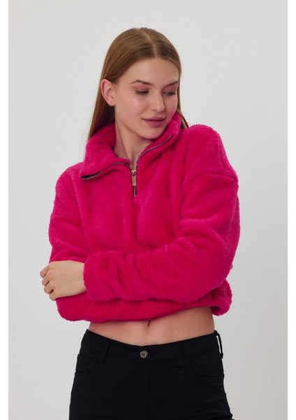 Fuşya Crop Sweatshirt, Peluş Sweatshirt, Kadın Sweatshirt, Fermuarlı Yaka Sweatshirt indirimleri