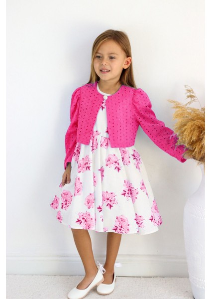 Çiçek Desenli Fisto Ceketli Kız Çocuk Ikili Takım - Fuşya