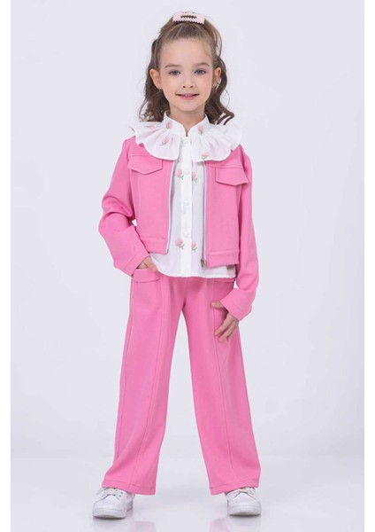 Şeffaf Çantalı Lale Desen Ceketli takım 4 Lü - Pembe