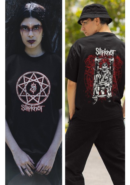 Slipknot Sırt Baskılı T-Shirt, Unisex Rock Metal Temalı Tişört