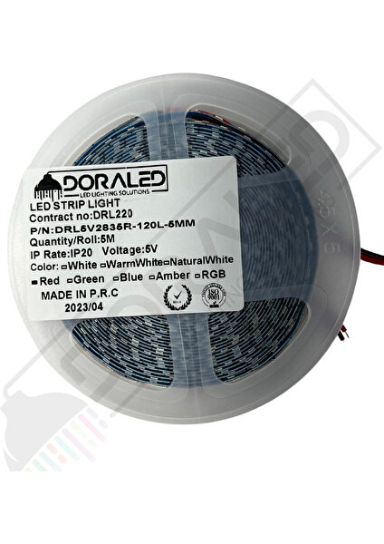 Dora Led 5 Volt 5mm 120 Ledli Kırmızı 2835 Şerit LED 5M