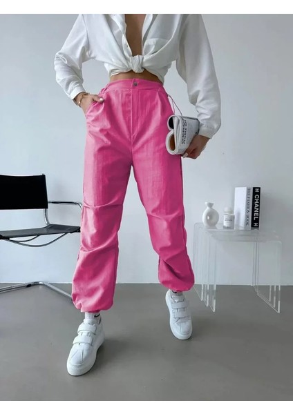 Paraşüt Kumaş Beli Lastikli Pantalon-Pembe