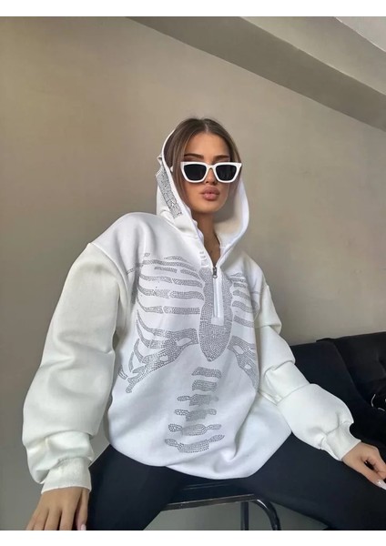 Taşlı Zip Kapüşonlu Sweatshirt - Beyaz