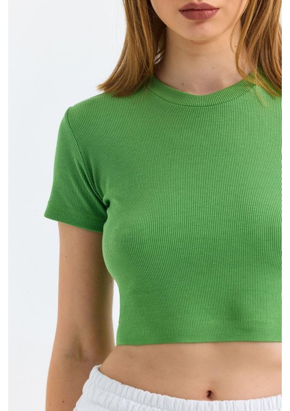 Yeşil Bisiklet Yaka Kısa Kollu Kaşkorse Crop Bluz fiyatları