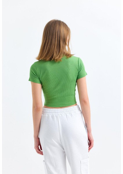 Yeşil Bisiklet Yaka Kısa Kollu Kaşkorse Crop Bluz modelleri