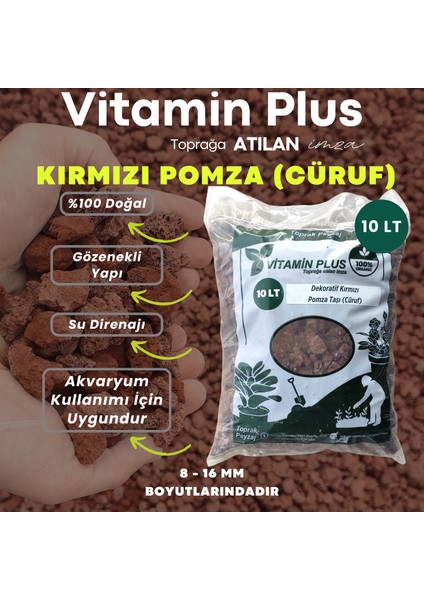 Vitamin Plus Kırmızı Pomza Taşı 10-20MM 10 Litre Volkanik Lav Taşı Cüruf - Akvaryuma Uygun