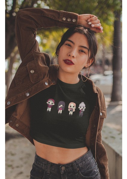 Cartoon Blackpink Üyeleri Baskılı Crop Top, Kadın K-Pop Baskılı Crop Bluz