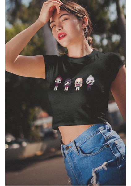Cartoon Blackpink Üyeleri Baskılı Crop Top, Kadın K-Pop Baskılı Crop Bluz fiyatları