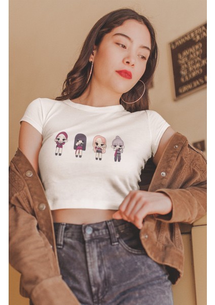 Cartoon Blackpink Üyeleri Baskılı Crop Top, Kadın K-Pop Baskılı Crop Bluz