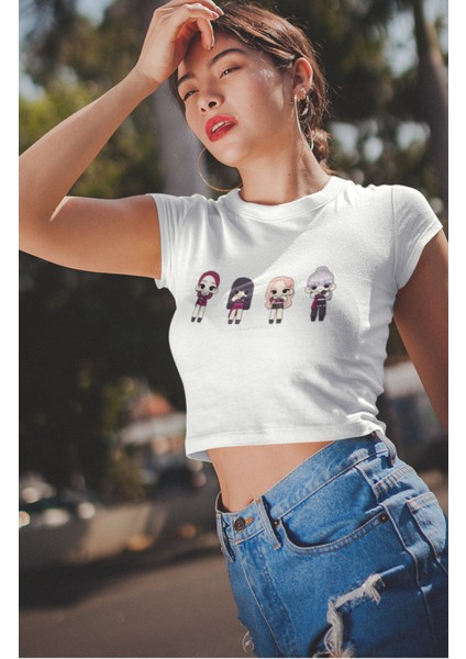 Cartoon Blackpink Üyeleri Baskılı Crop Top, Kadın K-Pop Baskılı Crop Bluz modelleri