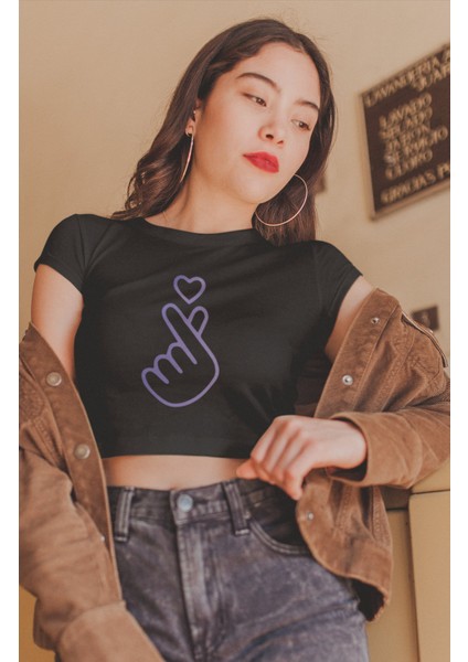 Bts Işaret Baskılı Crop Top, Kadın K-Pop Baskılı Crop Bluz