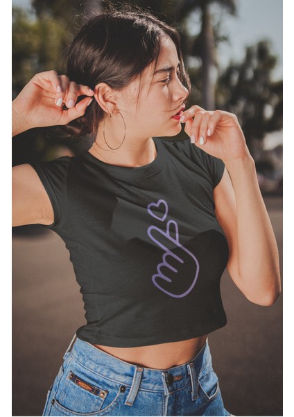 Bts Işaret Baskılı Crop Top, Kadın K-Pop Baskılı Crop Bluz