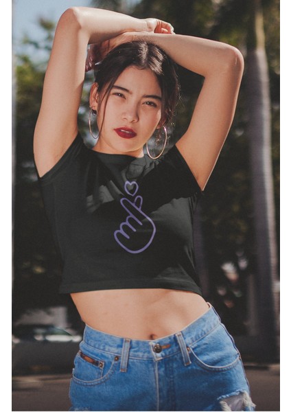 Bts Işaret Baskılı Crop Top, Kadın K-Pop Baskılı Crop Bluz