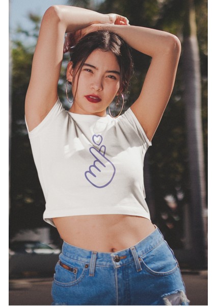 Bts Işaret Baskılı Crop Top, Kadın K-Pop Baskılı Crop Bluz