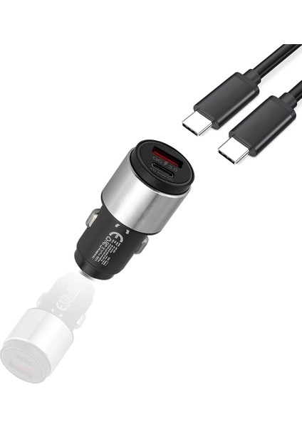 Metal Hızlı Araç Şarj Cihazı 45W Type-C + USB Port Aynı Anda2 Cihaz Şarj Edilebilir Kablolu Set