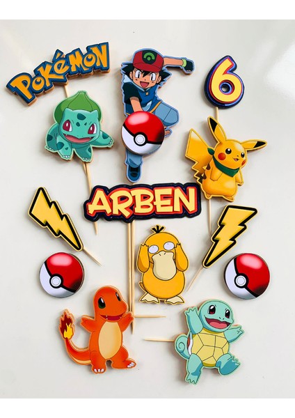 Cake Topper Pokemon Temalı Erkek Çocuk Kişiye Özel Doğum Günü Süsü Pokemon Karakterleri Çubuklu Pasta Süsü Seti