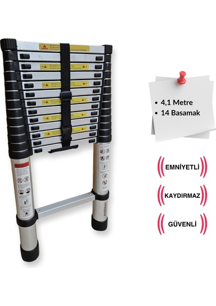 410 Cm. - 14 Basamaklı Teleskobik / Teleskopik Alüminyum I Merdiven